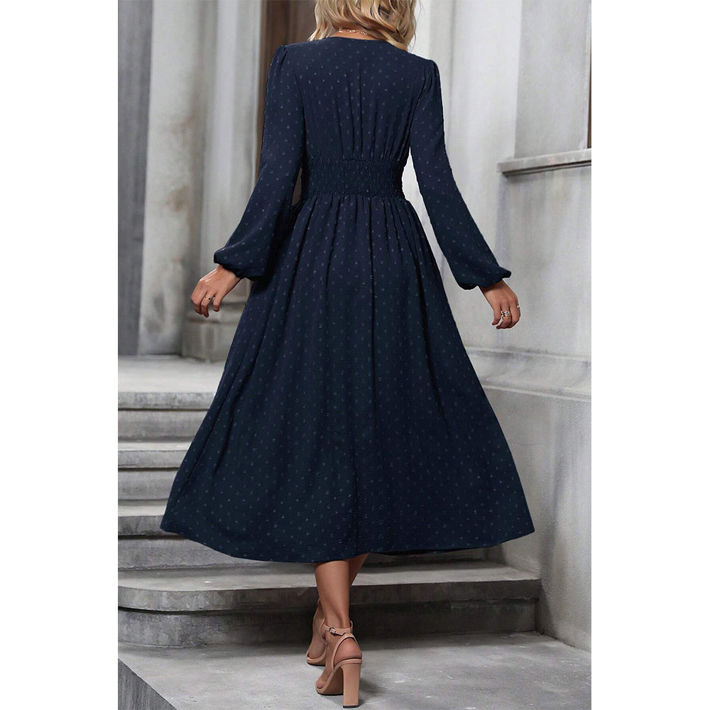 Attraco Women V Neck Bubble Dot Midi Dress Long Balloon Sleeve Ruched Waist Flowy Dress