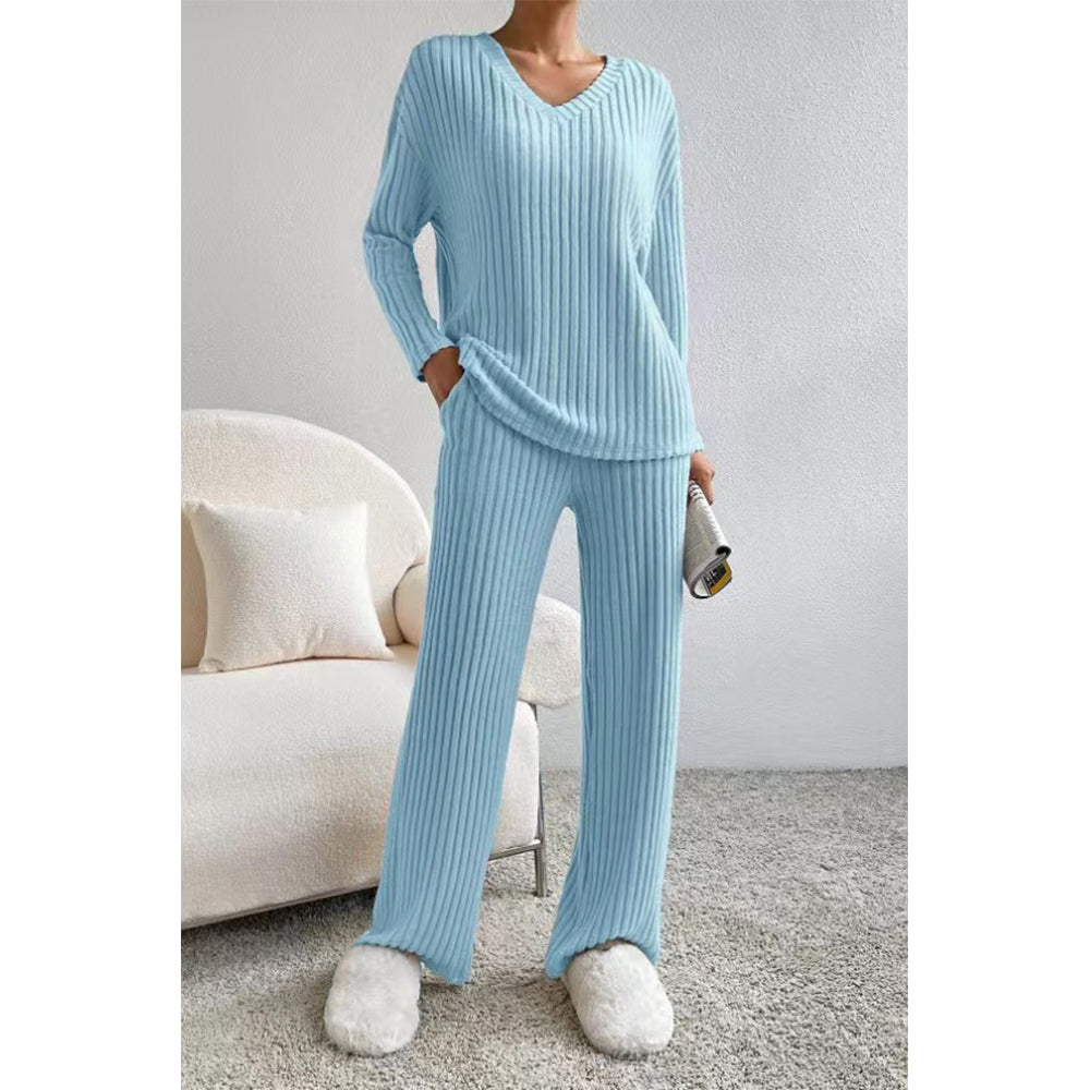 V For City Women's Fall/Winter Ribbed Knit Loungewear Set Loose V-Neck Top & Straight-Leg Pants Pajama Set