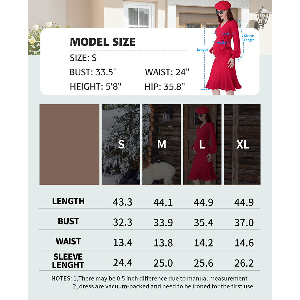 V For City Women's Warp V-Neck Puff Sleeves Pleat A-Line Maternity Dress with Waist Belt Tie