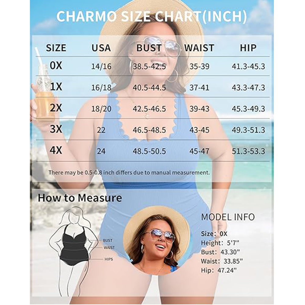 Charmo Women's Plus Size Ribbed One Piece Swimsuit Scalloped Trim Tummy Control Bathing Suit