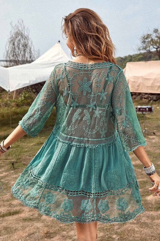 Contrast Lace Bathing Suit Cover Up Bikini Dress-AL9398