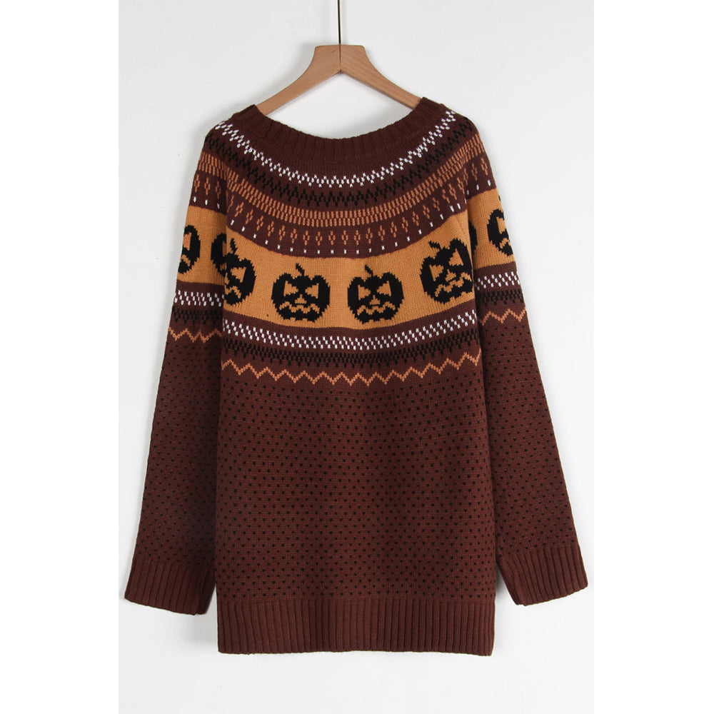 Attraco Women's Halloween Pumpkin Sweater Long Sleeve Crewneck Fair Isle Knit Pullover Fall Cozy Holiday Jumper