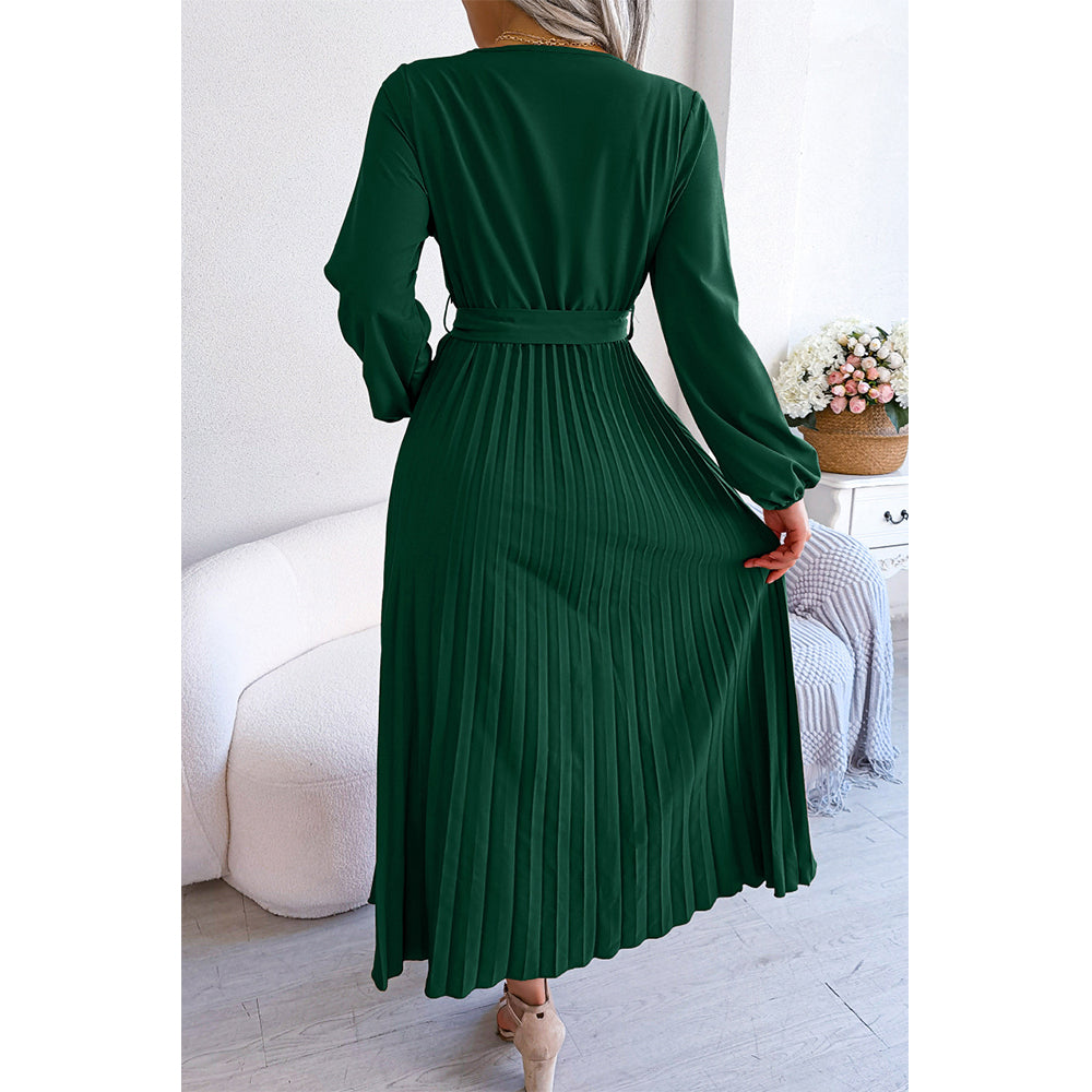 Attraco Women Wrap V Neck Belted Long Balloon Sleeve Pleated Midi Dress