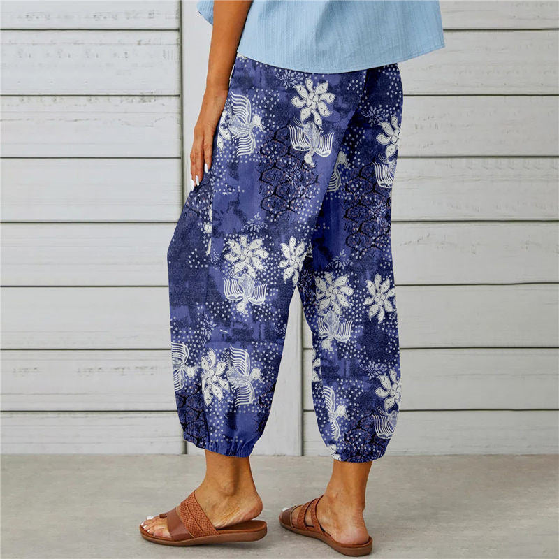 Attraco Women High Waist Drawstring Cropped Jogger Pants Vintage Floral Print Side Pocket Casual Trousers