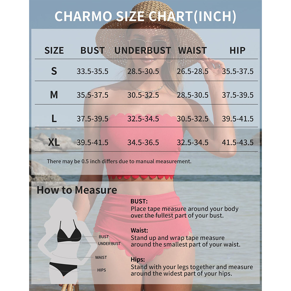 Charmo Women's Scalloped Ribbed Bandeau High Waisted Bikini Set with Removable Straps