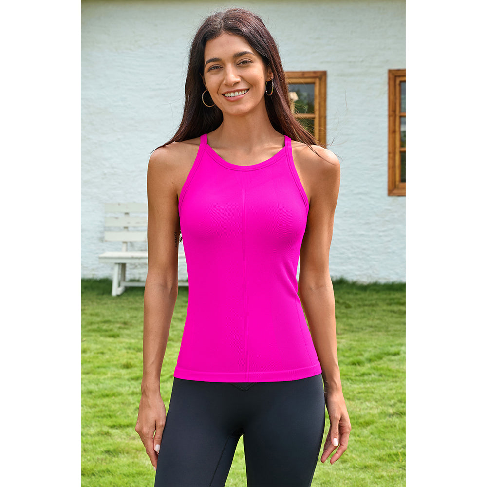 Attraco Women's Seamless Workout Tank Tops with Built in Bra Crew Neck Basic Ribbed Tank Top Racerback Athletic Camisole