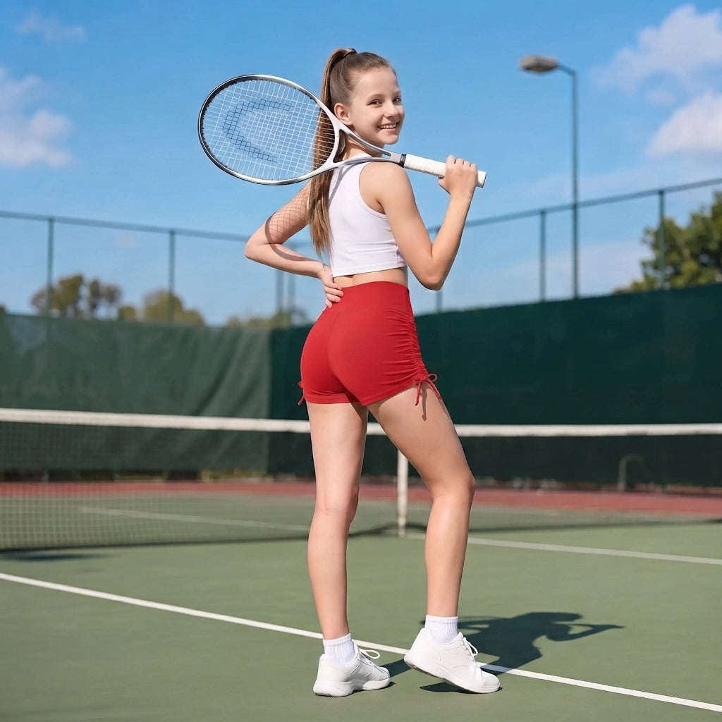 Attraco Girls High Waisted Ruched Biker Shorts with Side Tie, Stretch Athletic Workout Yoga Shorts for Kids