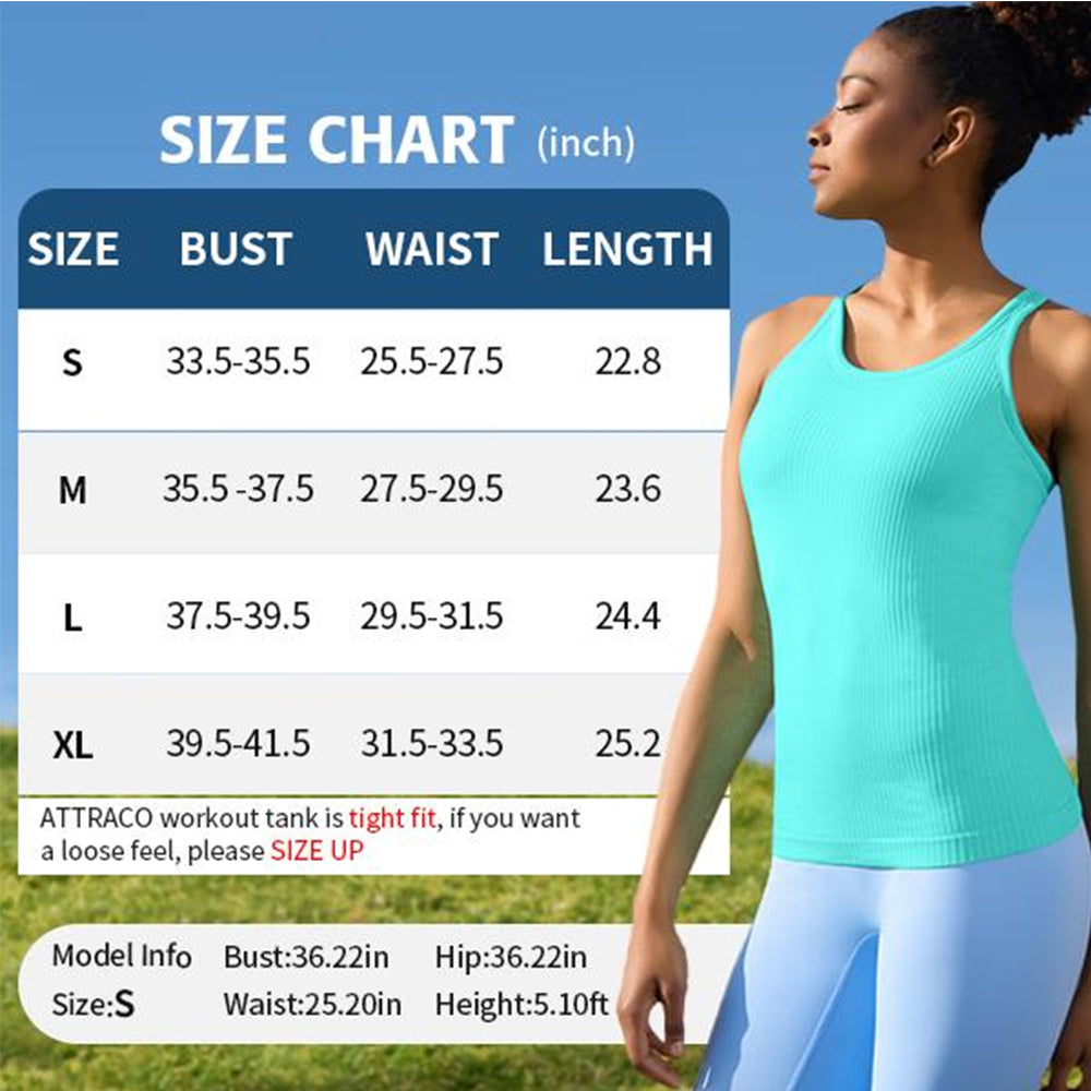 Attraco 2 Pack Ribbed Workout Tank Top with Built in Bra for Women Tight Fit Seamless Yoga Top