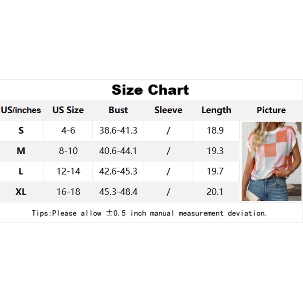 Attraco Women's Cap Sleeve Checkered Relaxed Fit Crew Neck Blouse