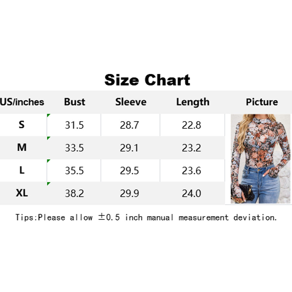 Attraco Women's Floral Print Mock Neck Long Sleeve Sheer Mesh Tops Spring Shirt
