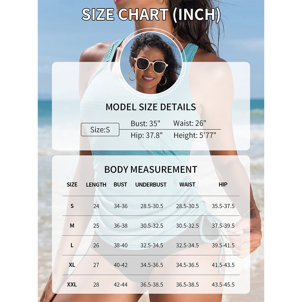 Charmo Women's Textured Tankini Top with Adjustable Side Drawstrings and Adjustable Shoulder Straps Swimsuit Tops