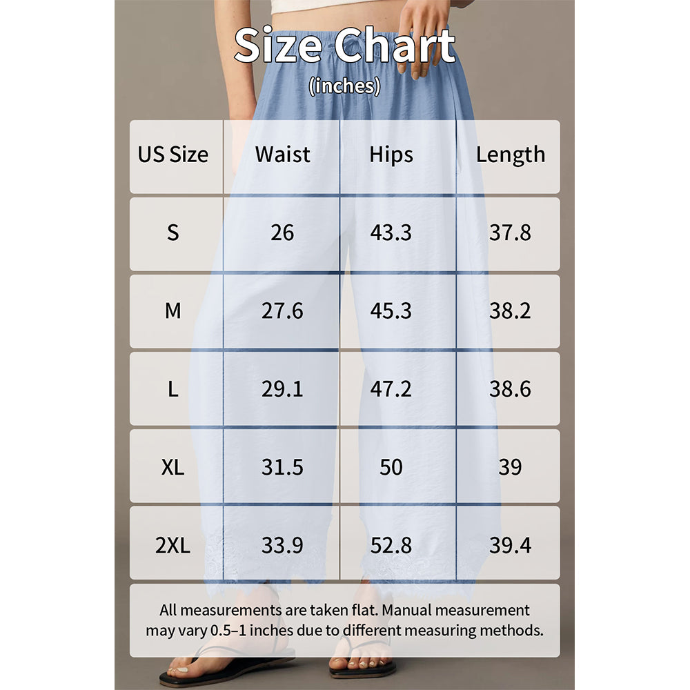 Attraco Women Elastic Drawstring High Waist Wide Leg Cropped Pants with Side Pockets and Lace Hem