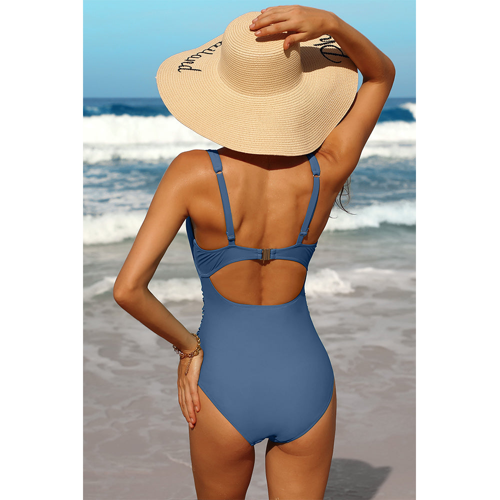 Charmo Women's Twist Front Cutout Cutout Design Ruched One-Piece Swimsuit with Adjustable Straps & Open Back Bathing Suit