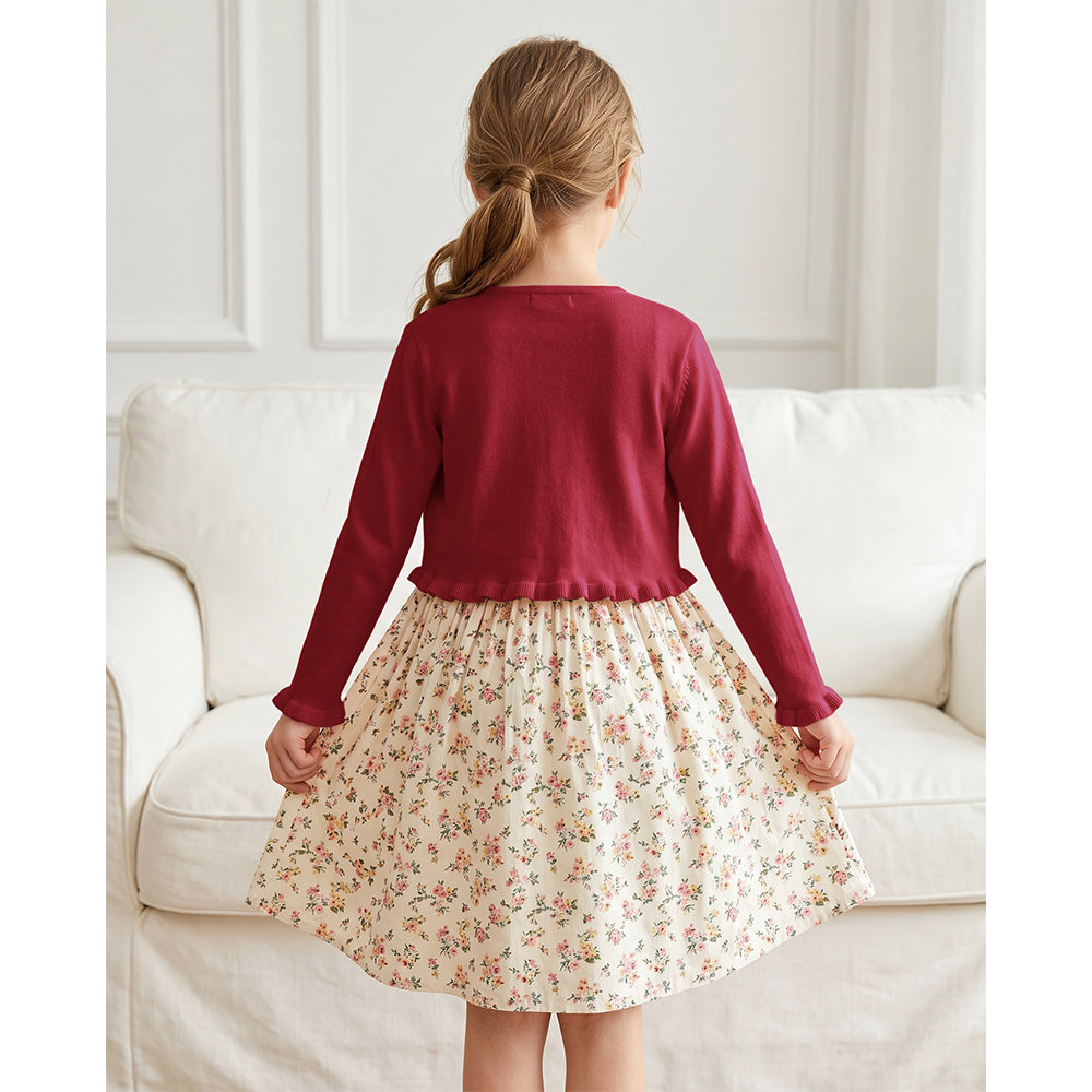 Attraco Girls' 100% Cotton Bow Knit Cardigan Sweater, Long Sleeve Crewneck Ruffle Hem Cropped Bolero Shrug 5-12Years