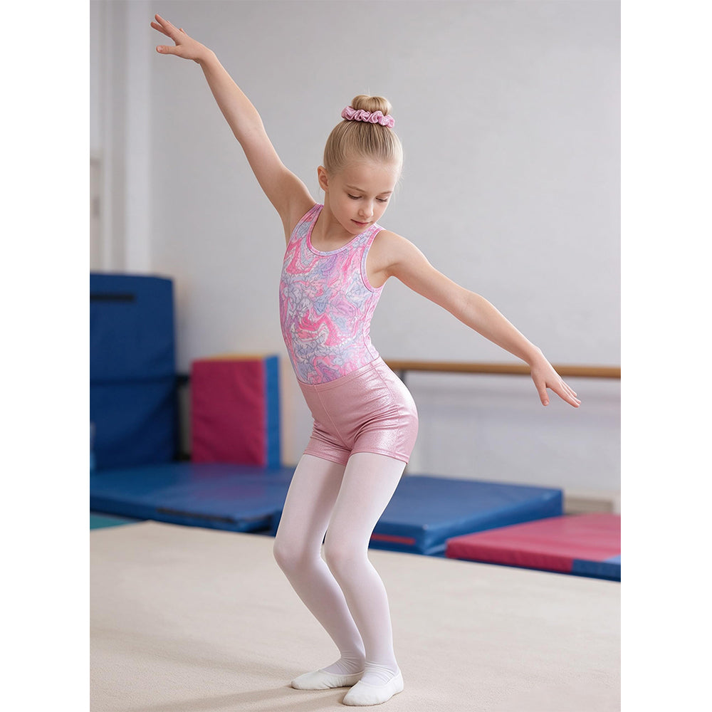 Charmo Girls' 3pc Gymnastics Leotard Set Marble Print Sleeveless Dance Bodysuit with Metallic Shorts & Scrunchie Pink 5-12 Years