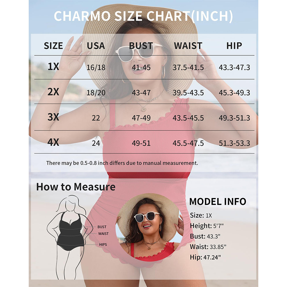 Charmo Women's Plus Size Scalloped One Piece Swimsuit With Removable Strap Rcuhed One Shoulder Bathing Suit Tummy Control Full Coverage Ruched Swim Suits