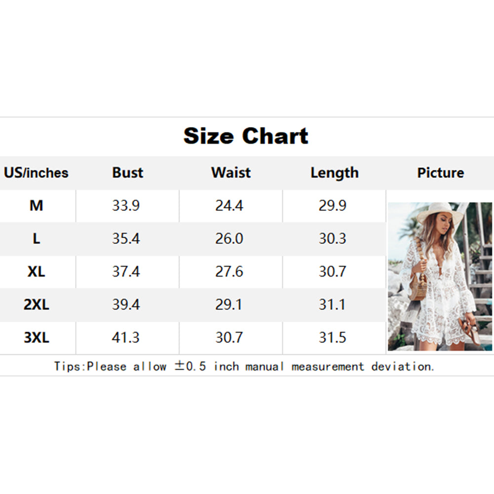 Charmo Women's Flowy Long-Sleeve Lace Cover Up with Deep V-Neck & Self-Tie Waist