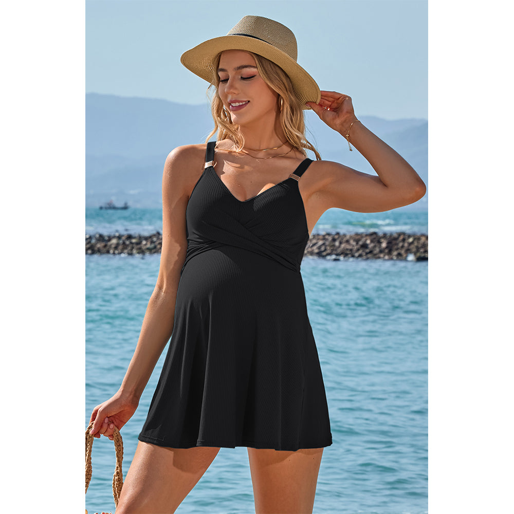Charmo Women Maternity Swimsuit Ribbed Pregnancy Swimwear Front Cross Supportive Swim Dress  Cute Bathing Suit