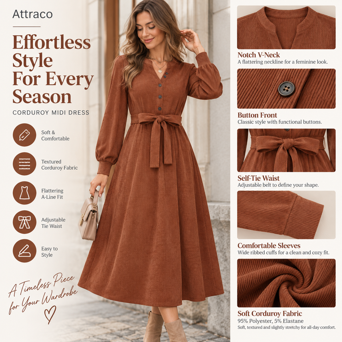 Attraco Women Notch V Neck Corduroy Midi Dress Long Sleeve Button Front Self Tie Waist A Line Dress