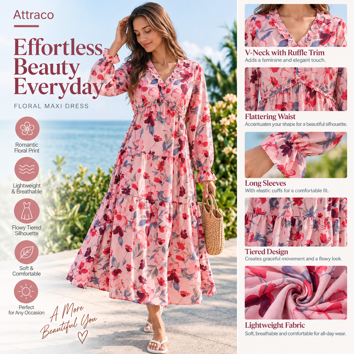 Attraco Women's Floral Print Maxi Dress Long Sleeve V Neck Ruffle Tiered Dress