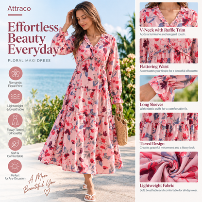 Attraco Women's Floral Print Maxi Dress Long Sleeve V Neck Ruffle Tiered Dress