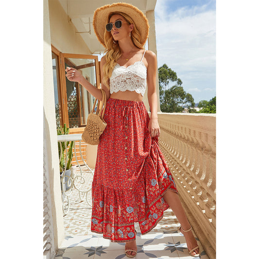 Attraco Women's Floral Print High Waisted Maxi Ruffled Skirt