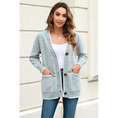 V For City Women's Color Block Button Down Long Sleeve V-Neck Cardigan with Pockets