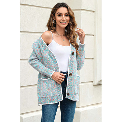 V For City Women's Color Block Button Down Long Sleeve V-Neck Cardigan with Pockets