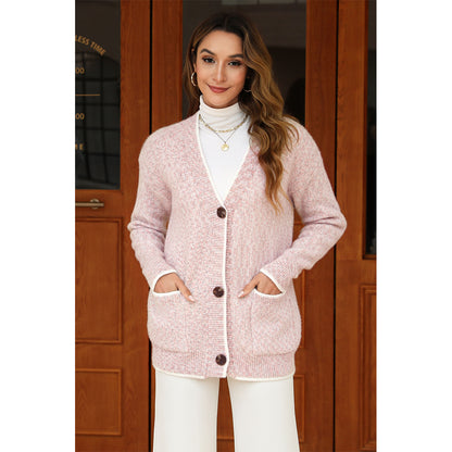 V For City Women's Color Block Button Down Long Sleeve V-Neck Cardigan with Pockets