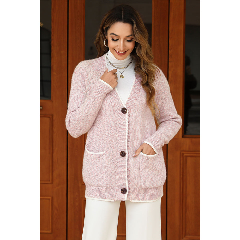 V For City Women's Color Block Button Down Long Sleeve V-Neck Cardigan with Pockets