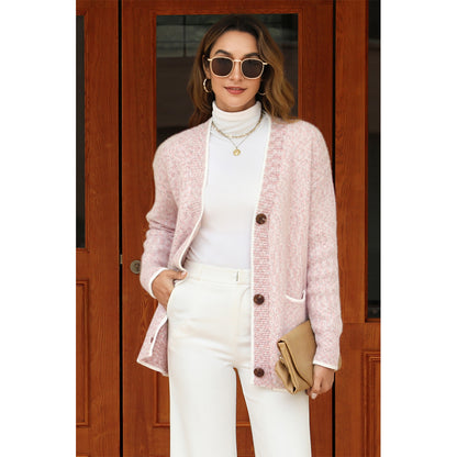 V For City Women's Color Block Button Down Long Sleeve V-Neck Cardigan with Pockets