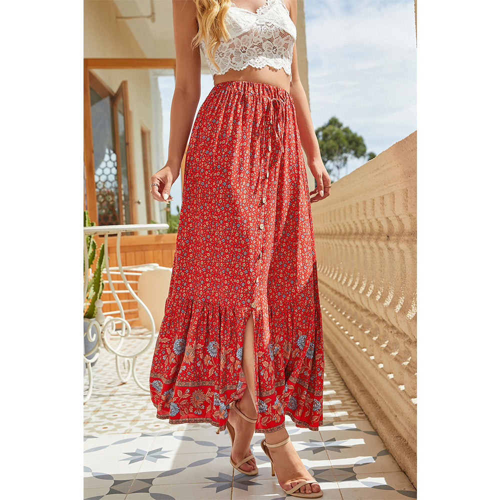 Attraco Women's Floral Print High Waisted Maxi Ruffled Skirt
