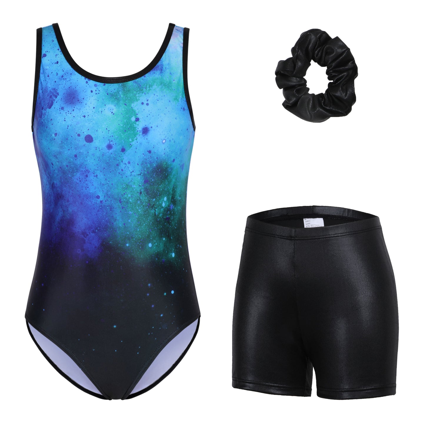 Attraco Girls' Galaxy Print Gymnastics Leotard Set with Shorts & Scrunchie, Sleeveless Dance Ballet Outfit 3 Pieces Set 5-12Years