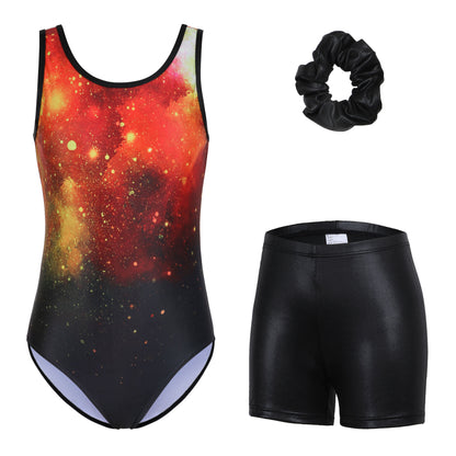 Attraco Girls' Galaxy Print Gymnastics Leotard Set with Shorts & Scrunchie, Sleeveless Dance Ballet Outfit 3 Pieces Set 5-12Years