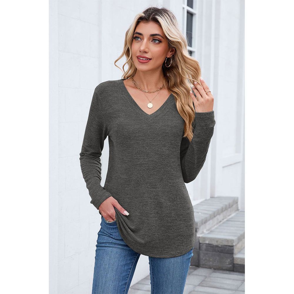 Attraco Women's Long Sleeve V Neck Top Soft Stretch Casual Pullover Shirt with Curved Hem