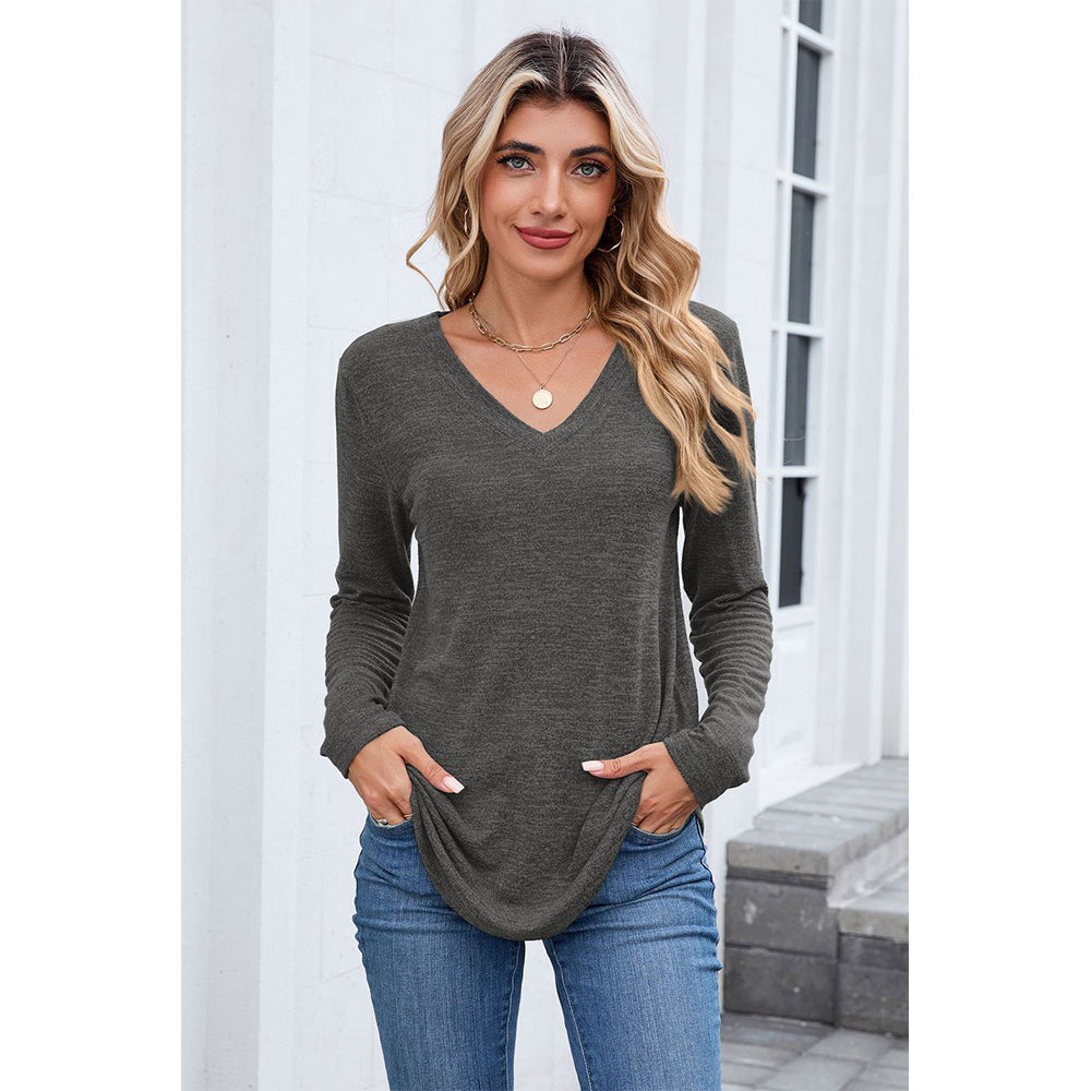Attraco Women's Long Sleeve V Neck Top Soft Stretch Casual Pullover Shirt with Curved Hem