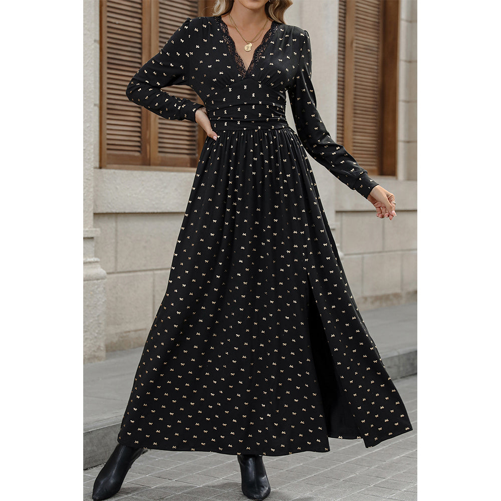 Attraco Women Lace Trim V Neck Allover Bow Print Long Sleeve Side Slit Maxi Dress