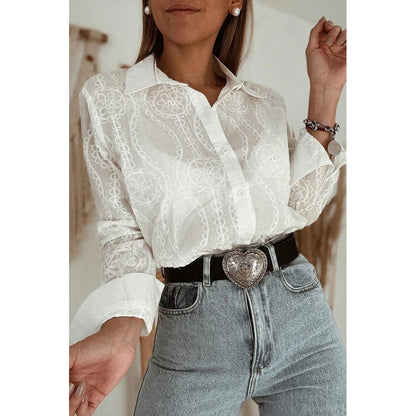 Attraco Women's Floral Embroidered Long Sleeve Button Down Blouse Collared Shirt