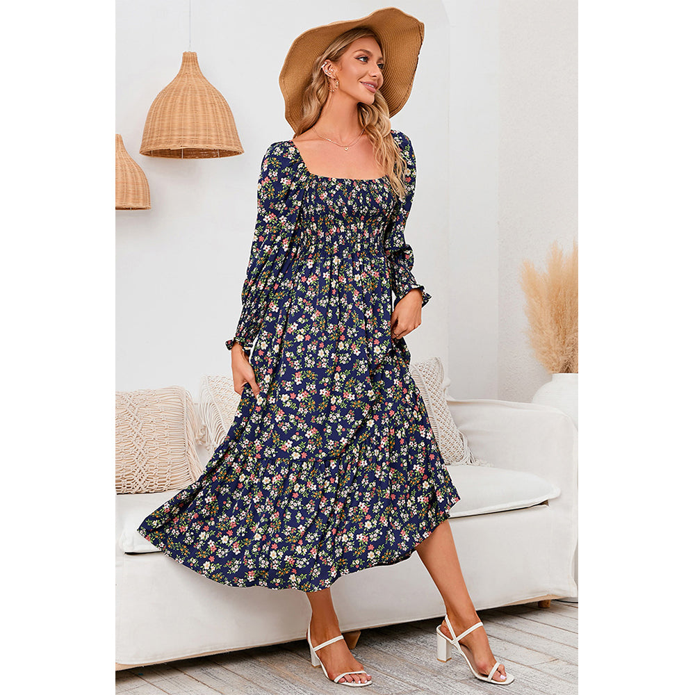 Attraco Women Square Neck Smocked Long Sleeve Tiered Midi Floral Print Dress