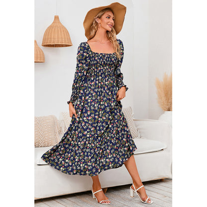 Attraco Women Square Neck Smocked Long Sleeve Tiered Midi Floral Print Dress