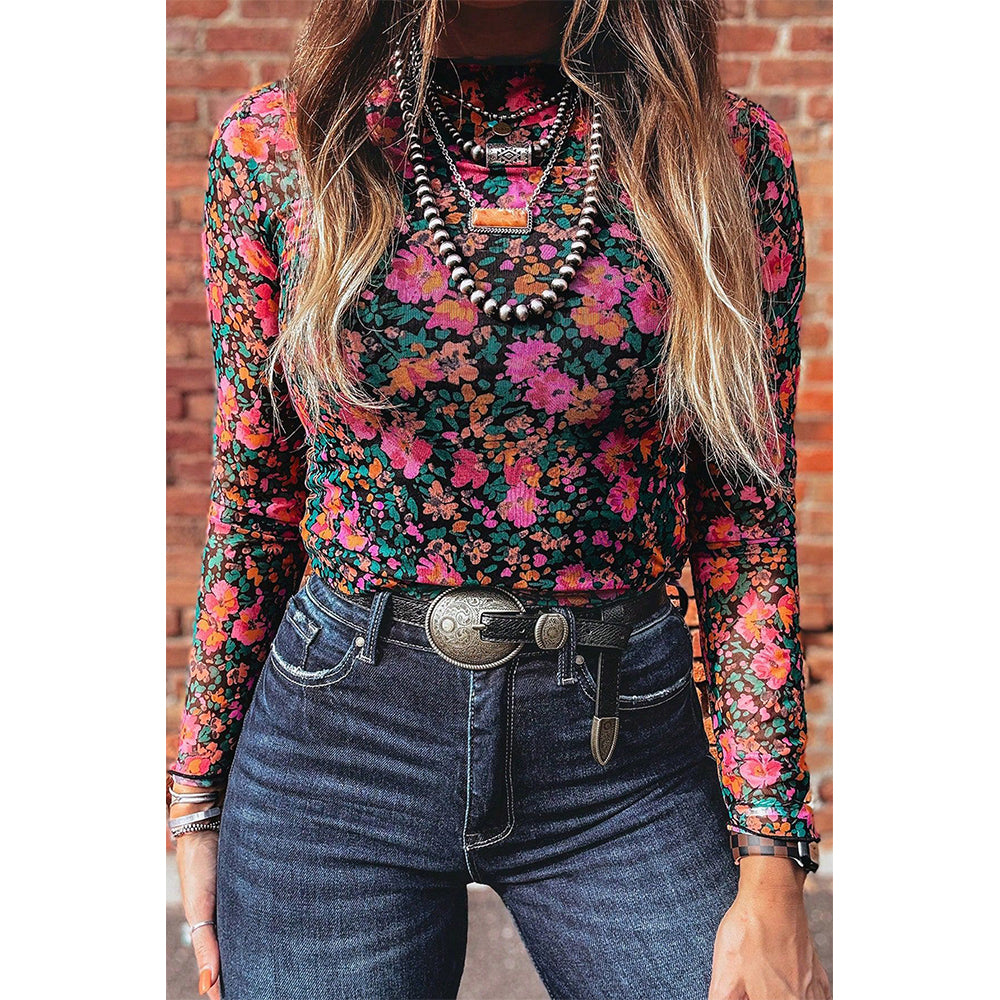 Attraco Women's Floral Mesh Long Sleeve Mock Neck Fitted Top with Stretch Fabric