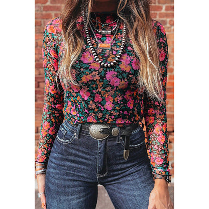 Attraco Women's Floral Mesh Long Sleeve Mock Neck Fitted Top with Stretch Fabric