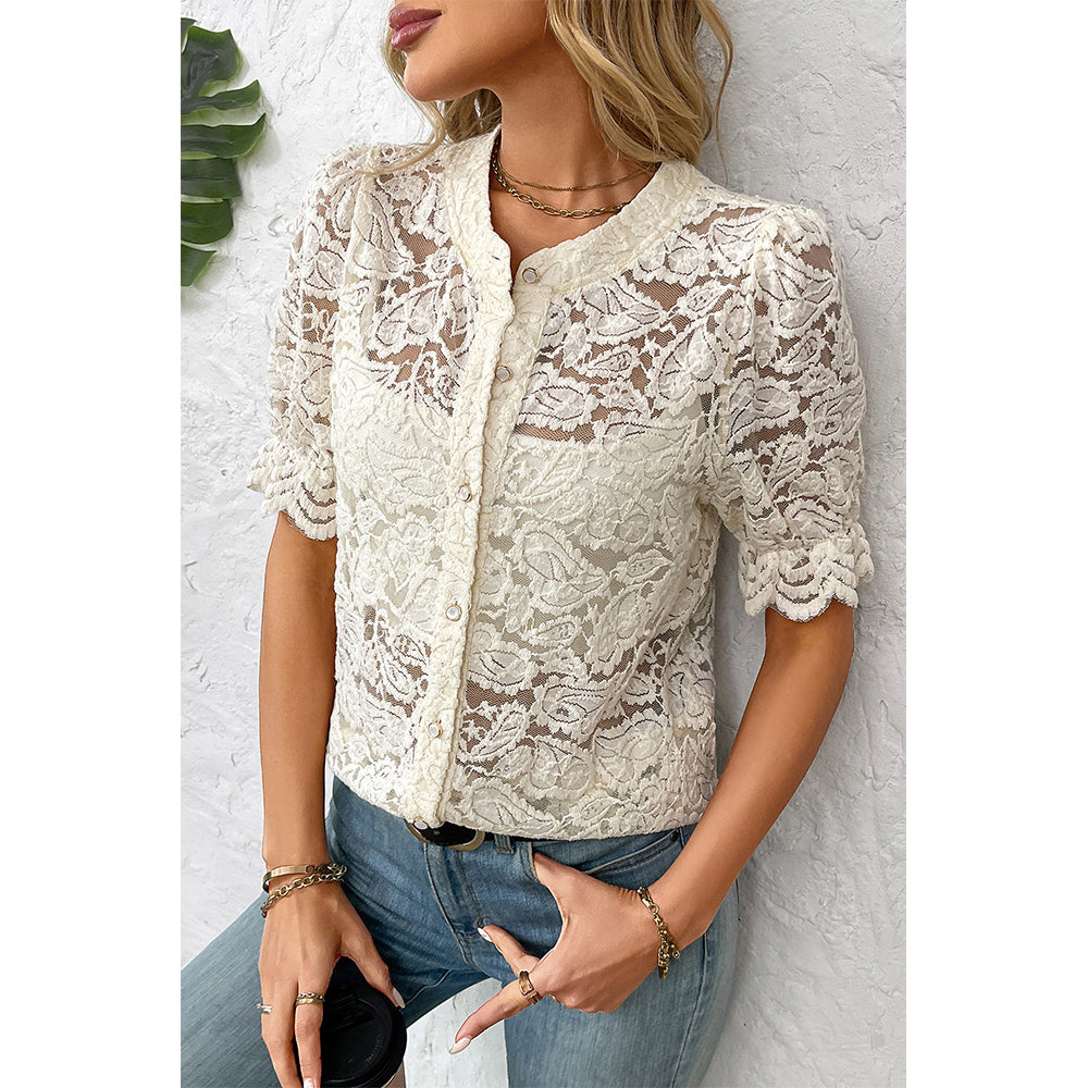 Attraco Women's Floral Lace Button Down Blouse Scalloped Short Sleeves Shirts