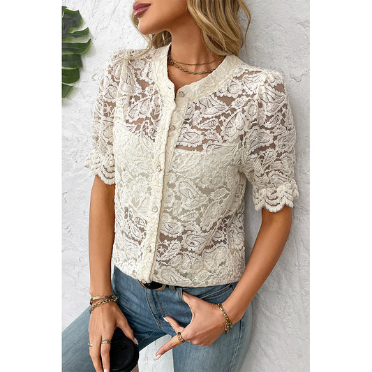 Attraco Women's Floral Lace Button Down Blouse Scalloped Short Sleeves Shirts