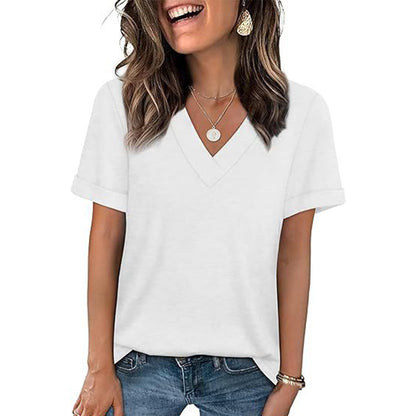 Attraco Women's V-Neck Rolled Cuff Short Sleeve Loose Fit Casual T-Shirt Summer Tops