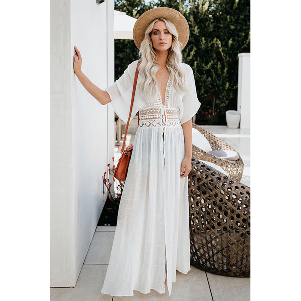 Charmo Women's Short Sleeve Maxi Cover Up Dress with Cutout Waist Drawstring & Side Slits