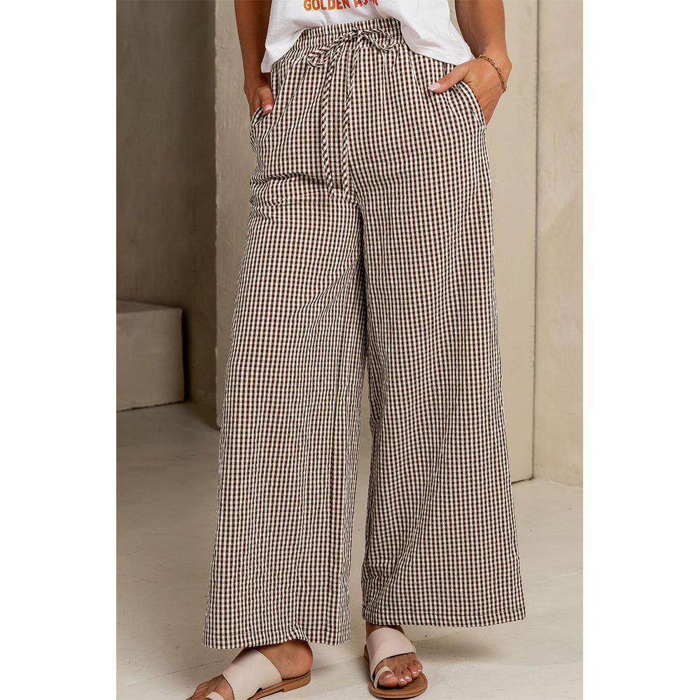 Attraco Women's Gingham Wide Leg Pants with Drawstring Waist & Pockets