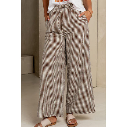 Attraco Women's Gingham Wide Leg Pants with Drawstring Waist & Pockets