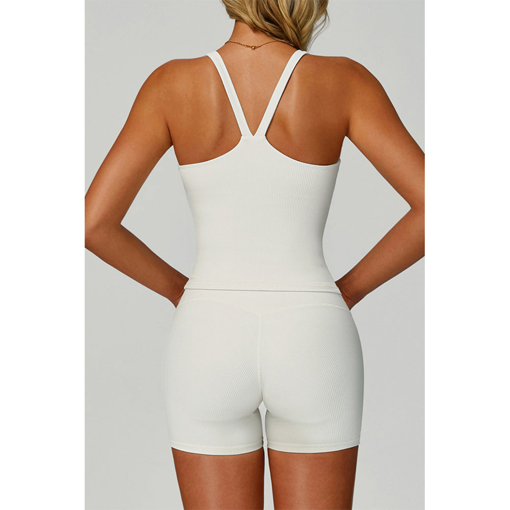 Attraco Women's 2-Piece Ribbed Square Neck Y-Back Active Set with Removable Pads and High-Waisted Shorts