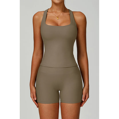 Attraco Women's 2-Piece Ribbed Square Neck Y-Back Active Set with Removable Pads and High-Waisted Shorts